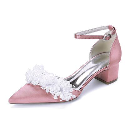 Women's Silk Satin With Closed Toe Ankle Strap Chunky Heel Evening Shoes With Beading