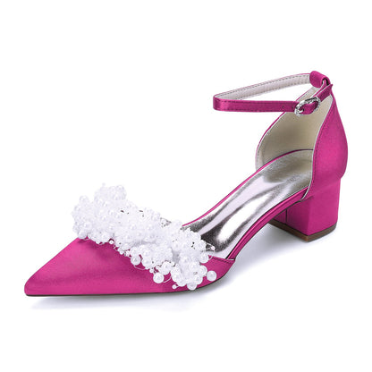 Women's Silk Satin With Closed Toe Ankle Strap Chunky Heel Evening Shoes With Beading