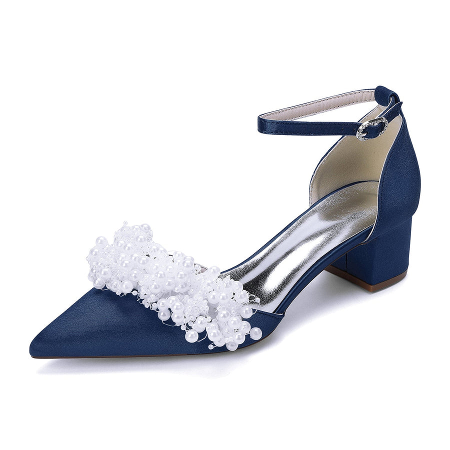 Women's Silk Satin With Closed Toe Ankle Strap Chunky Heel Evening Shoes With Beading