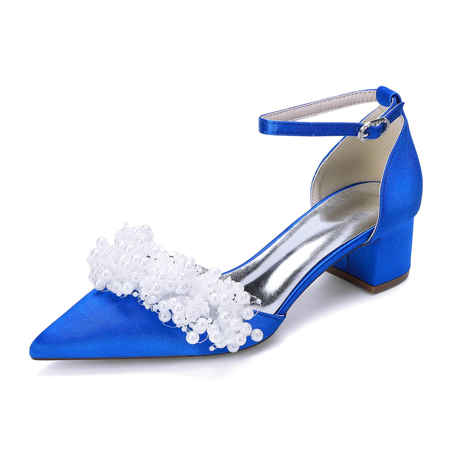 Women's Silk Satin With Closed Toe Ankle Strap Chunky Heel Evening Shoes With Beading