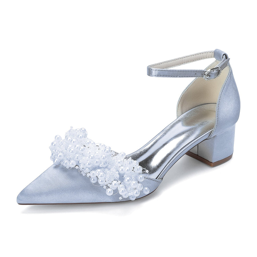 Women's Silk Satin With Closed Toe Ankle Strap Chunky Heel Evening Shoes With Beading