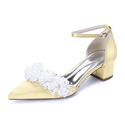 Women's Silk Satin With Closed Toe Ankle Strap Chunky Heel Evening Shoes With Beading