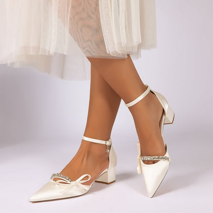 Women's Silk Satin With Closed Toe Ankle Strap Chunky Heel Evening Shoes With Rhinestone & Bowknot