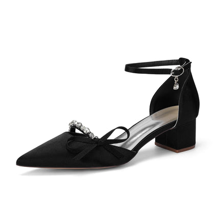 Women's Silk Satin With Closed Toe Ankle Strap Chunky Heel Evening Shoes With Rhinestone & Bowknot