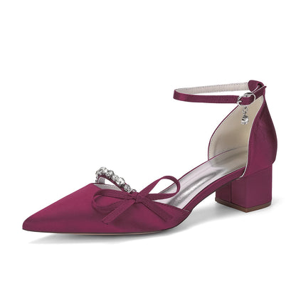 Women's Silk Satin With Closed Toe Ankle Strap Chunky Heel Evening Shoes With Rhinestone & Bowknot