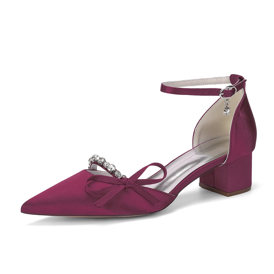 Women's Silk Satin With Closed Toe Ankle Strap Chunky Heel Evening Shoes With Rhinestone & Bowknot