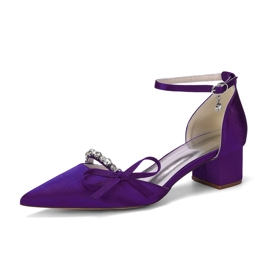 Women's Silk Satin With Closed Toe Ankle Strap Chunky Heel Evening Shoes With Rhinestone & Bowknot