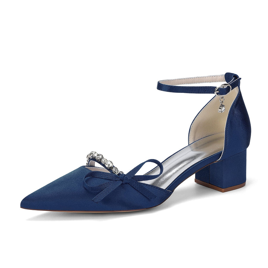 Women's Silk Satin With Closed Toe Ankle Strap Chunky Heel Evening Shoes With Rhinestone & Bowknot