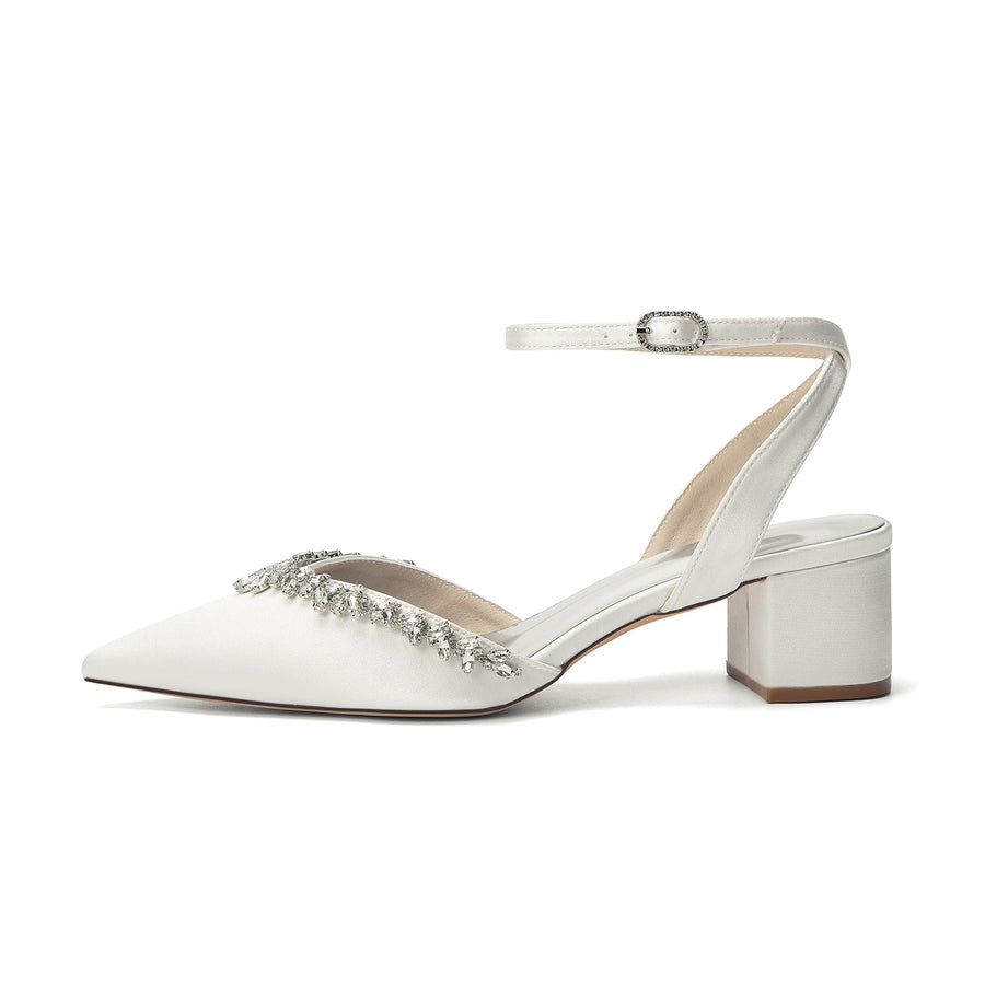 Women's Silk Satin With Closed Toe Ankle Strap Chunky Heel Evening Shoes With Rhinestone
