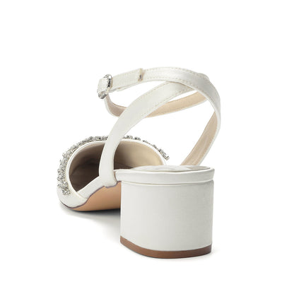 Women's Silk Satin With Closed Toe Ankle Strap Chunky Heel Evening Shoes With Rhinestone
