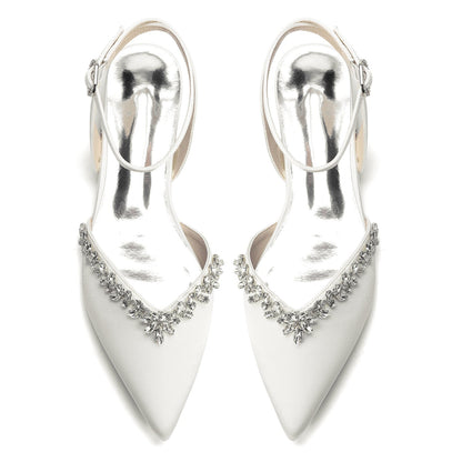 Women's Silk Satin With Closed Toe Ankle Strap Chunky Heel Evening Shoes With Rhinestone