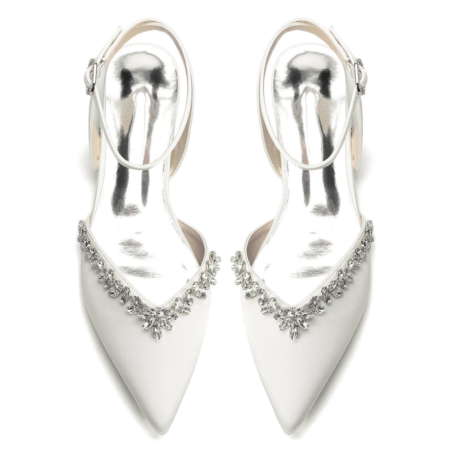 Women's Silk Satin With Closed Toe Ankle Strap Chunky Heel Evening Shoes With Rhinestone