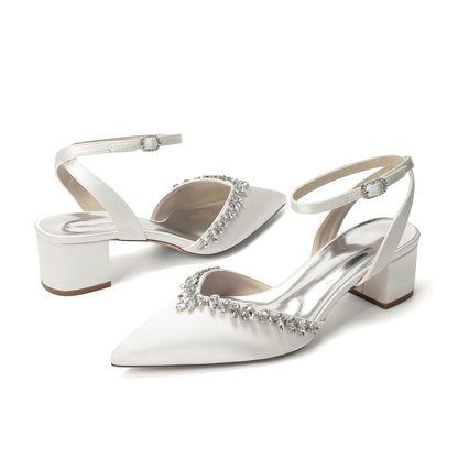 Women's Silk Satin With Closed Toe Ankle Strap Chunky Heel Evening Shoes With Rhinestone