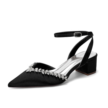 Women's Silk Satin With Closed Toe Ankle Strap Chunky Heel Evening Shoes With Rhinestone