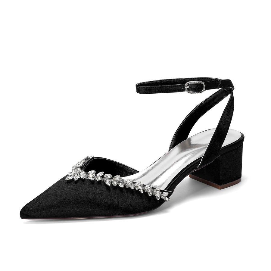 Women's Silk Satin With Closed Toe Ankle Strap Chunky Heel Evening Shoes With Rhinestone