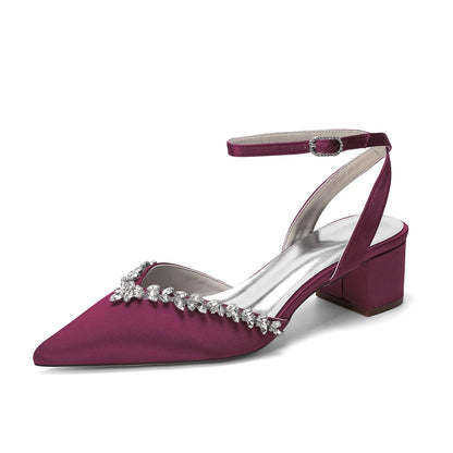 Women's Silk Satin With Closed Toe Ankle Strap Chunky Heel Evening Shoes With Rhinestone