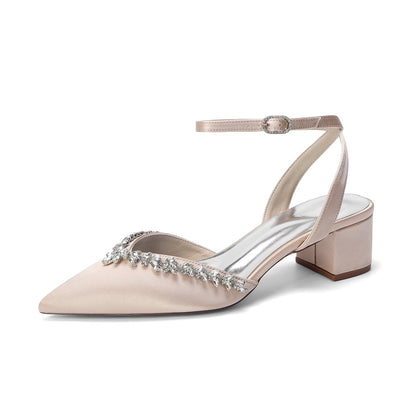 Women's Silk Satin With Closed Toe Ankle Strap Chunky Heel Evening Shoes With Rhinestone
