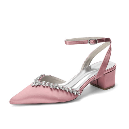 Women's Silk Satin With Closed Toe Ankle Strap Chunky Heel Evening Shoes With Rhinestone
