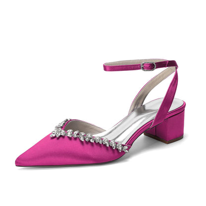Women's Silk Satin With Closed Toe Ankle Strap Chunky Heel Evening Shoes With Rhinestone
