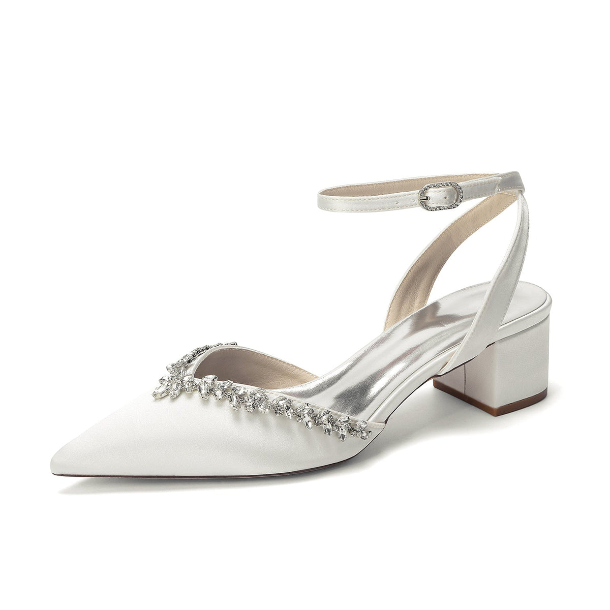 Women's Silk Satin With Closed Toe Ankle Strap Chunky Heel Evening Shoes With Rhinestone