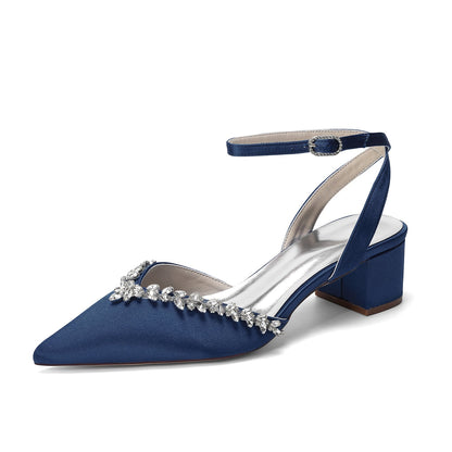 Women's Silk Satin With Closed Toe Ankle Strap Chunky Heel Evening Shoes With Rhinestone