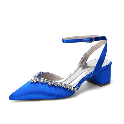 Women's Silk Satin With Closed Toe Ankle Strap Chunky Heel Evening Shoes With Rhinestone
