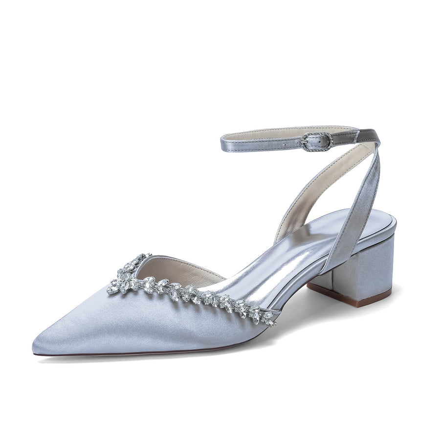Women's Silk Satin With Closed Toe Ankle Strap Chunky Heel Evening Shoes With Rhinestone