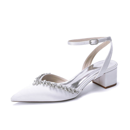 Women's Silk Satin With Closed Toe Ankle Strap Chunky Heel Evening Shoes With Rhinestone