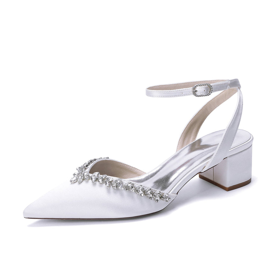 Women's Silk Satin With Closed Toe Ankle Strap Chunky Heel Evening Shoes With Rhinestone