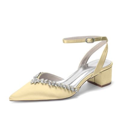 Women's Silk Satin With Closed Toe Ankle Strap Chunky Heel Evening Shoes With Rhinestone