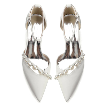 Women's Silk Satin With Closed Toe Ankle Strap Chunky Heel Evening Shoes With Pearl