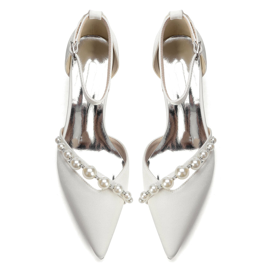 Women's Silk Satin With Closed Toe Ankle Strap Chunky Heel Evening Shoes With Pearl