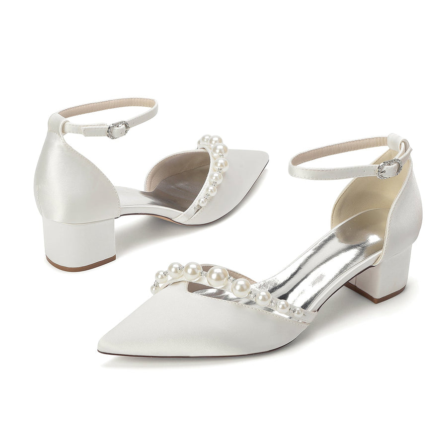 Women's Silk Satin With Closed Toe Ankle Strap Chunky Heel Evening Shoes With Pearl