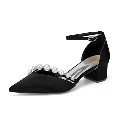 Women's Silk Satin With Closed Toe Ankle Strap Chunky Heel Evening Shoes With Pearl