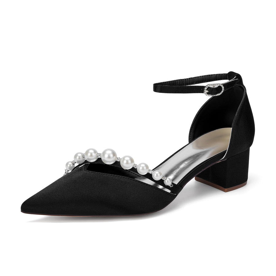 Women's Silk Satin With Closed Toe Ankle Strap Chunky Heel Evening Shoes With Pearl