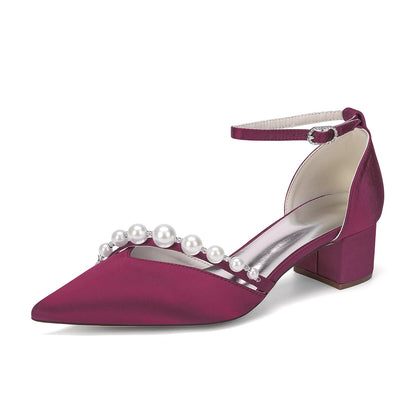 Women's Silk Satin With Closed Toe Ankle Strap Chunky Heel Evening Shoes With Pearl