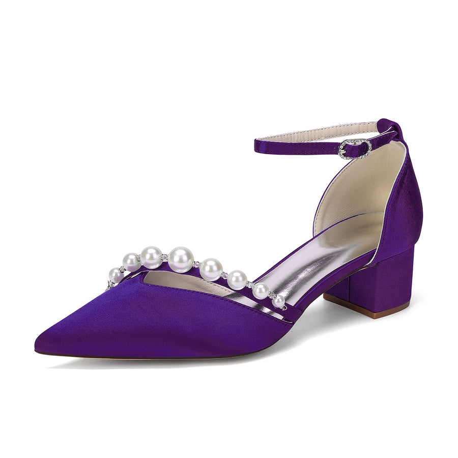 Women's Silk Satin With Closed Toe Ankle Strap Chunky Heel Evening Shoes With Pearl