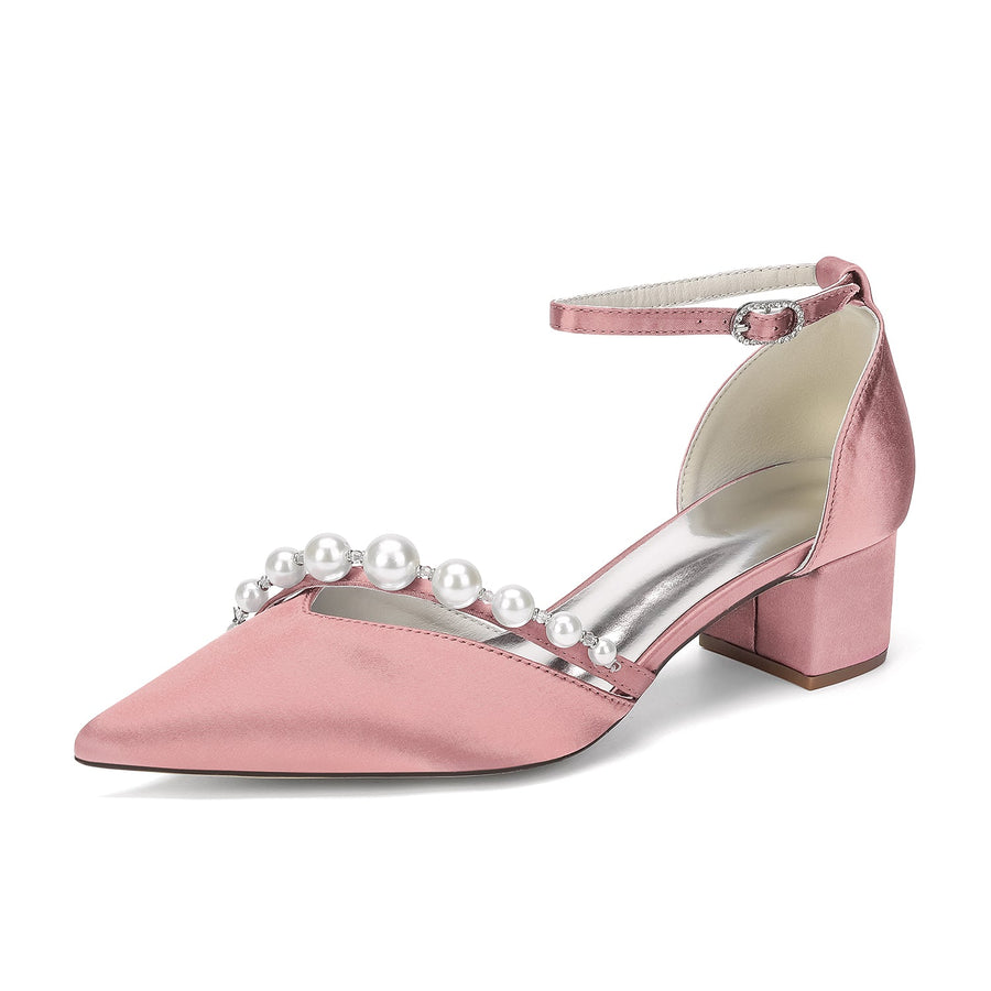 Women's Silk Satin With Closed Toe Ankle Strap Chunky Heel Evening Shoes With Pearl