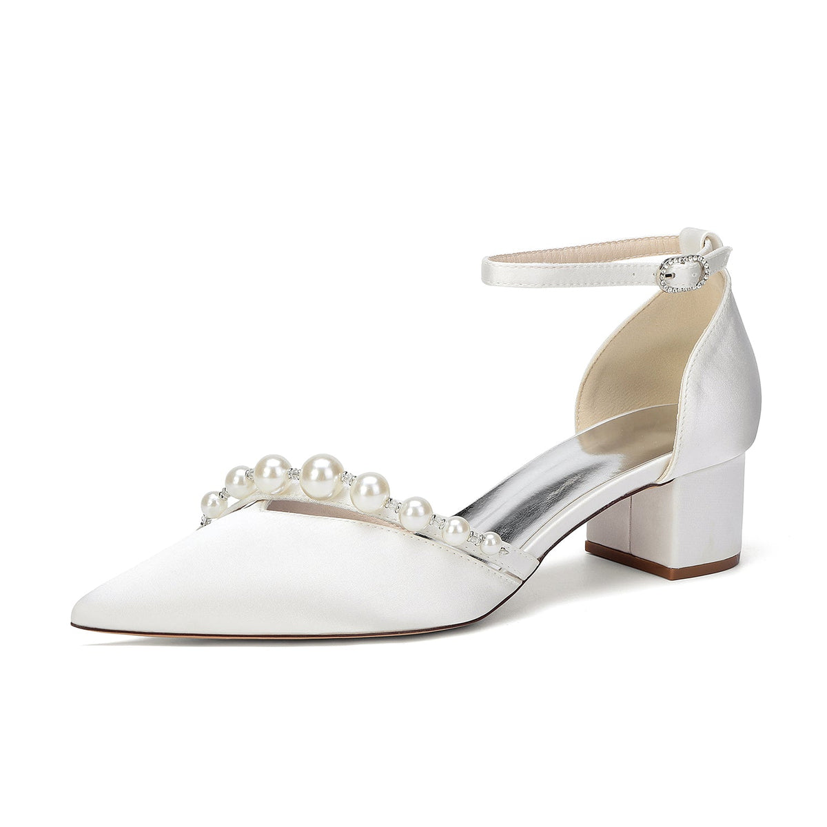 Women's Silk Satin With Closed Toe Ankle Strap Chunky Heel Evening Shoes With Pearl