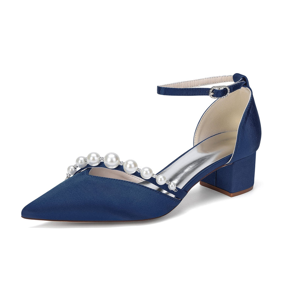Women's Silk Satin With Closed Toe Ankle Strap Chunky Heel Evening Shoes With Pearl