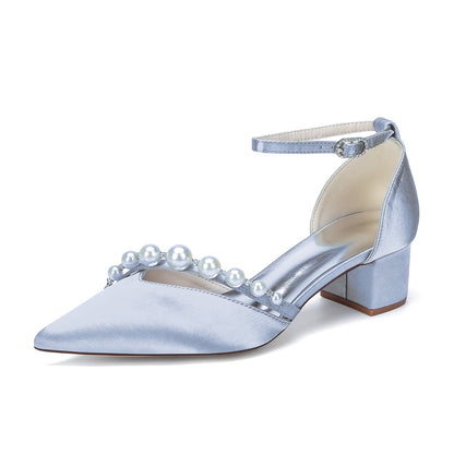 Women's Silk Satin With Closed Toe Ankle Strap Chunky Heel Evening Shoes With Pearl