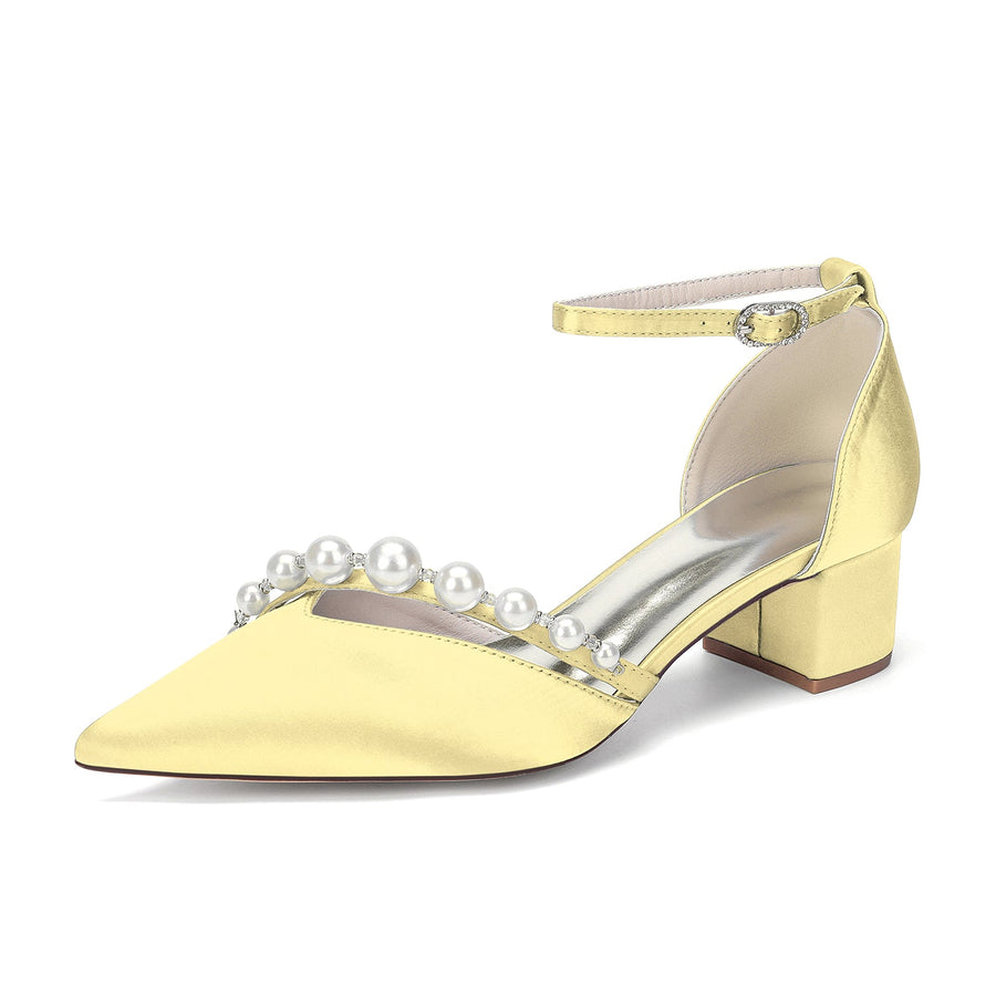 Women's Silk Satin With Closed Toe Ankle Strap Chunky Heel Evening Shoes With Pearl