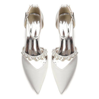 Women's Silk Satin With Closed Toe Ankle Strap Chunky Heel Evening Shoes With Pearl