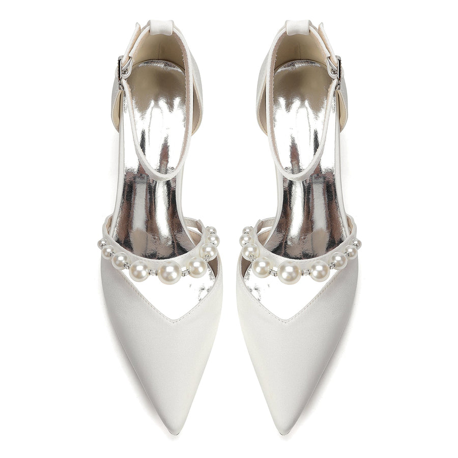 Women's Silk Satin With Closed Toe Ankle Strap Chunky Heel Evening Shoes With Pearl