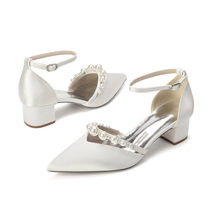 Women's Silk Satin With Closed Toe Ankle Strap Chunky Heel Evening Shoes With Pearl