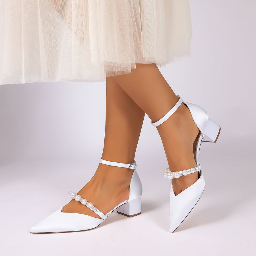 Women's Silk Satin With Closed Toe Ankle Strap Chunky Heel Evening Shoes With Pearl