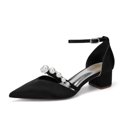Women's Silk Satin With Closed Toe Ankle Strap Chunky Heel Evening Shoes With Pearl