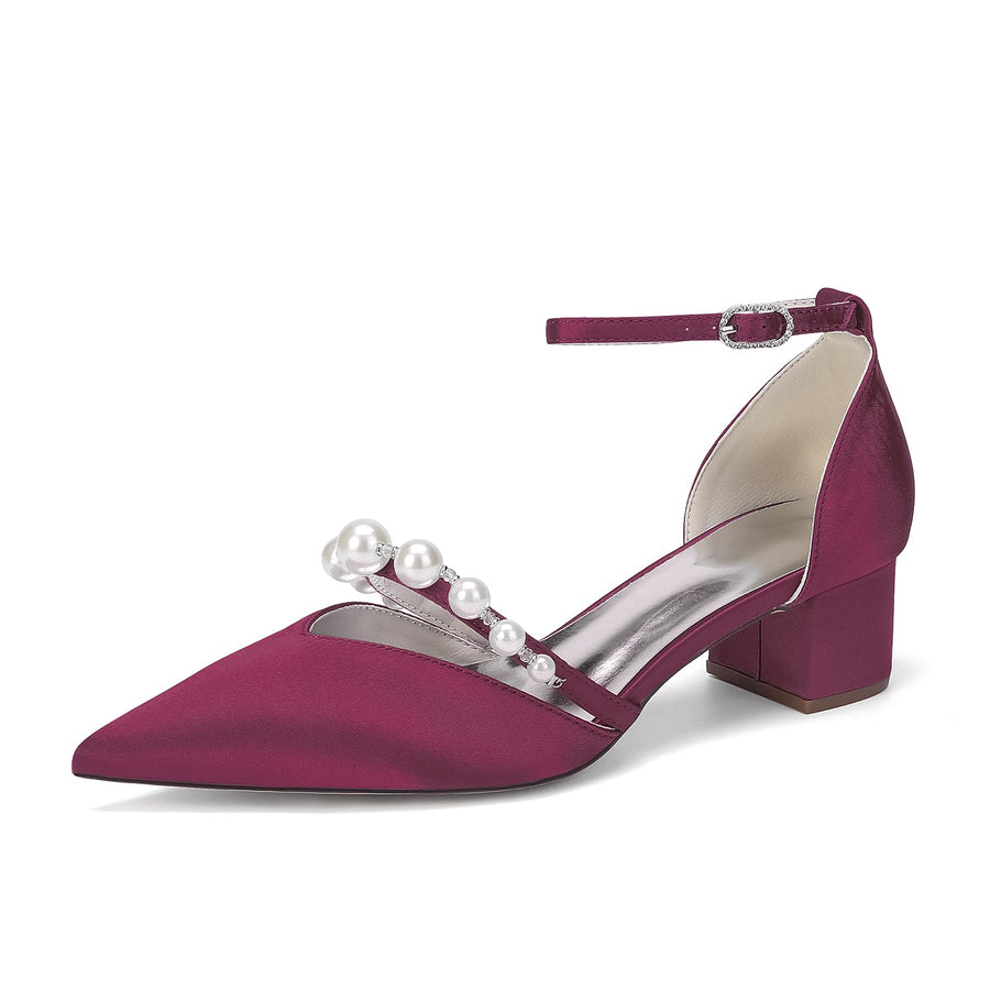 Women's Silk Satin With Closed Toe Ankle Strap Chunky Heel Evening Shoes With Pearl