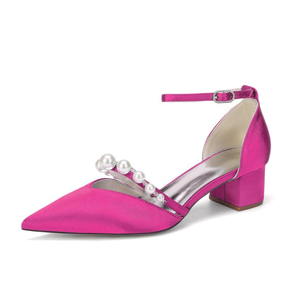 Women's Silk Satin With Closed Toe Ankle Strap Chunky Heel Evening Shoes With Pearl
