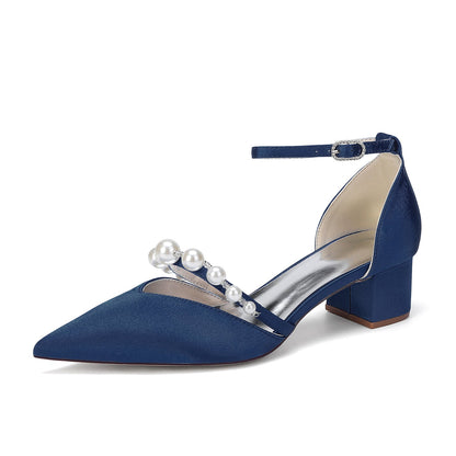 Women's Silk Satin With Closed Toe Ankle Strap Chunky Heel Evening Shoes With Pearl